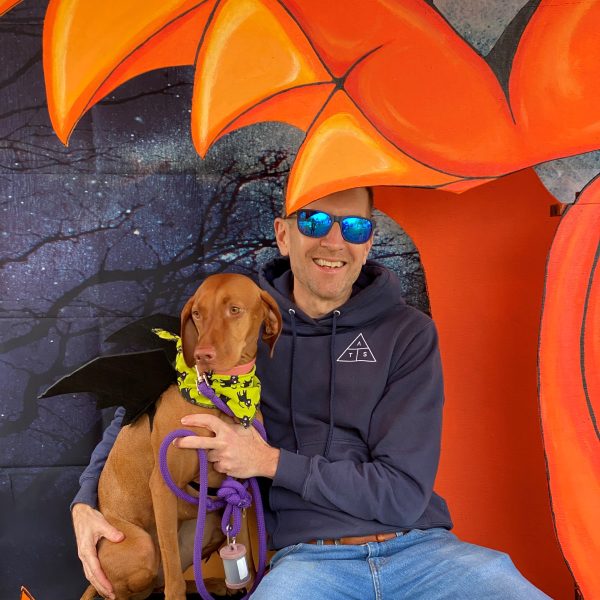 A lovely Visla poses calmly in the maw of the pumpkin with his human.