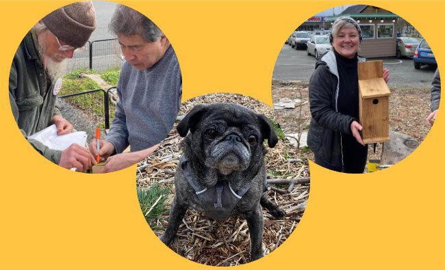 Gardener Fred, Jojo the dog, and neighbors from Crown Hill village building birdhouses for Chickadees.