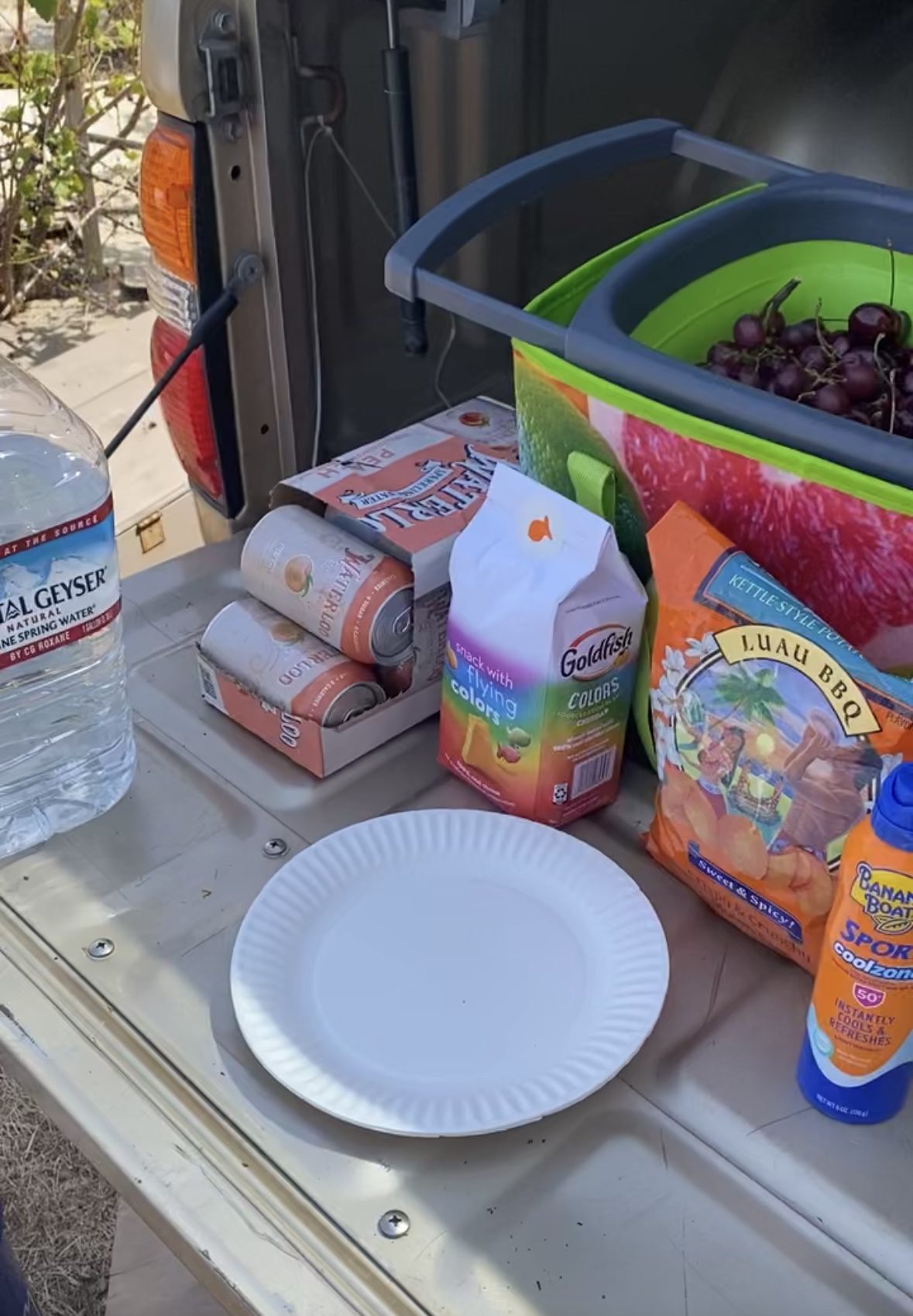 spread of snacks on the back of a truck