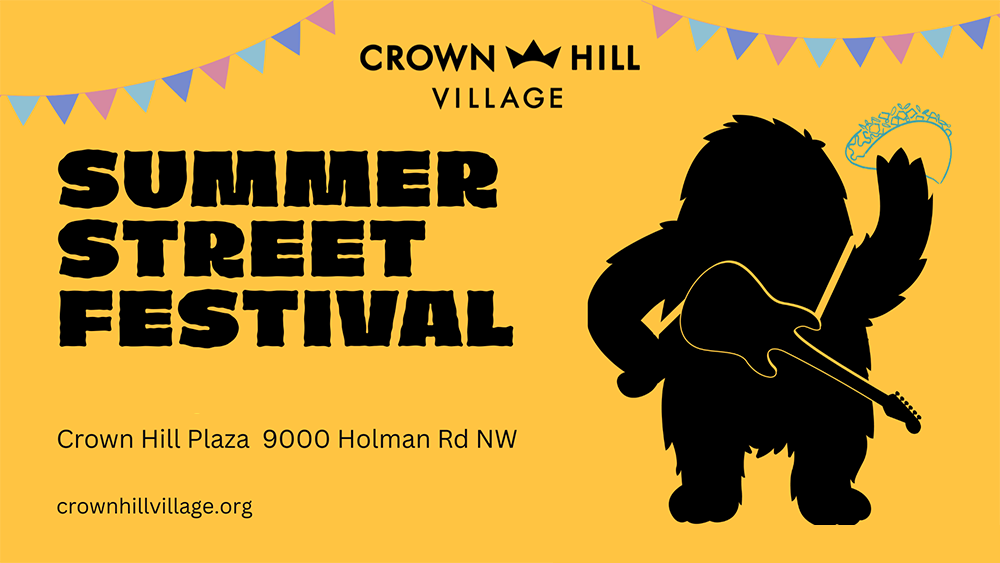 Summer Street Festival written over a sunny yellow background. The outline of a sasquatch with a guitar slung over his back and holding a taco.