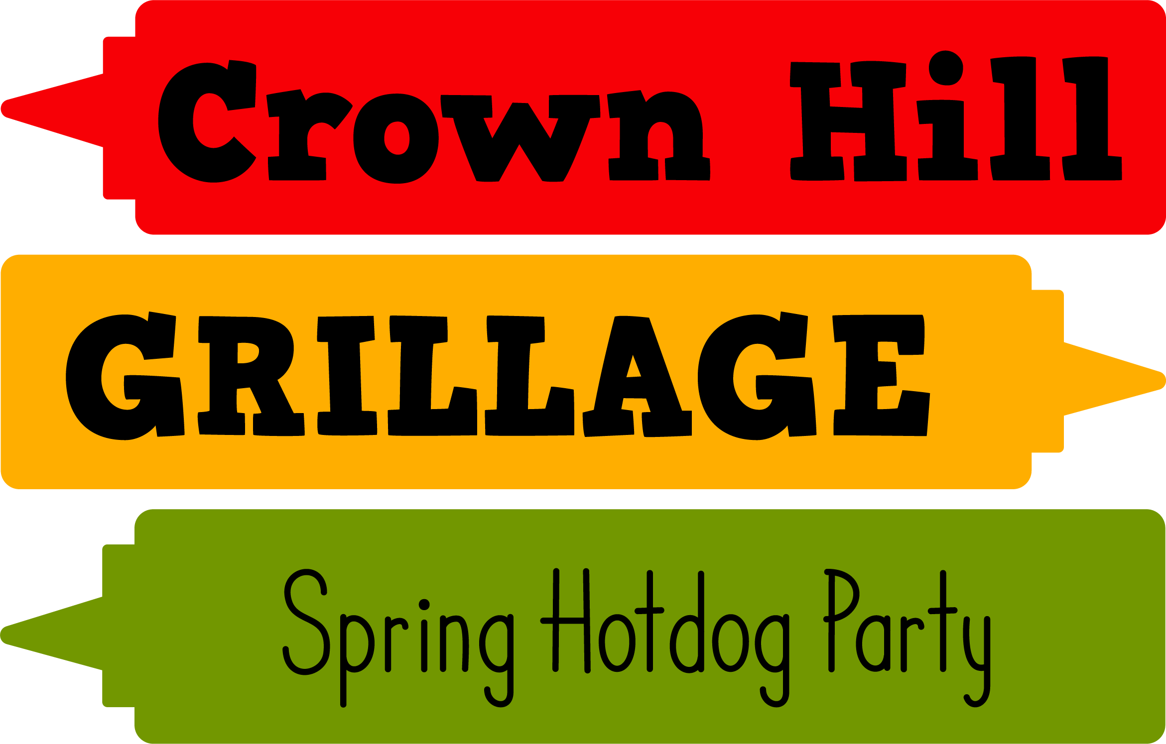 condiments stacked on top of each other with the words written on them: Crown Hill Grillage Spring Hotdog Party